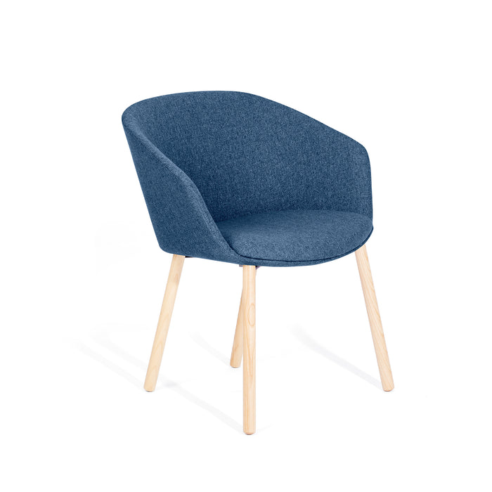 Blue upholstered modern chair with wooden legs on a white background. (Dark Blue)