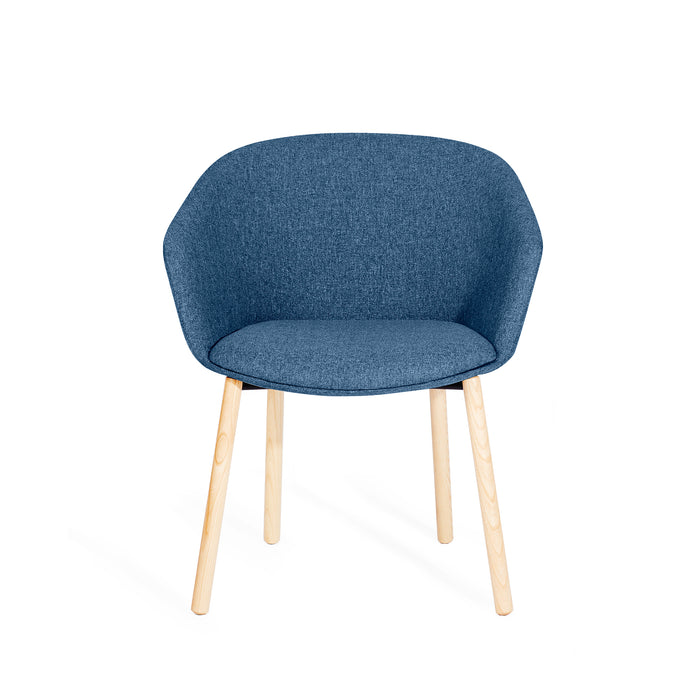 Modern blue fabric chair with wooden legs isolated on white background. (Dark Blue)