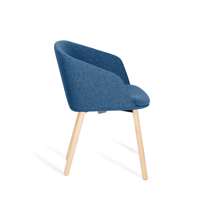 Modern blue fabric chair with wooden legs on a white background. (Dark Blue)