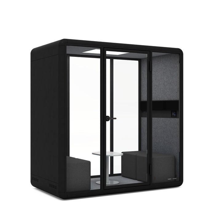 Modern office phone booth with glass door and comfortable seating. (Dark Gray)