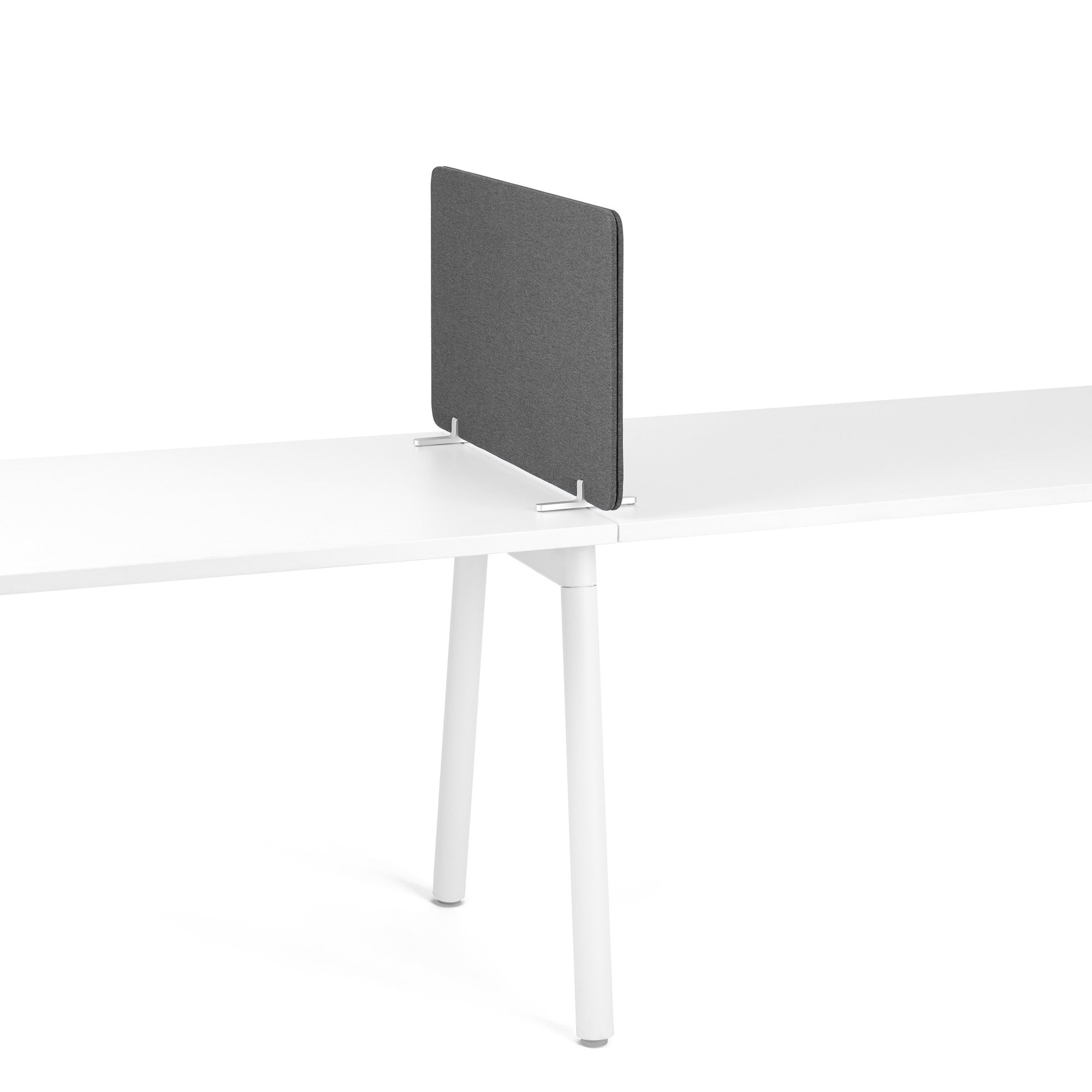 Gray desk privacy panel with white stands on a white background. (Dark Gray-27")