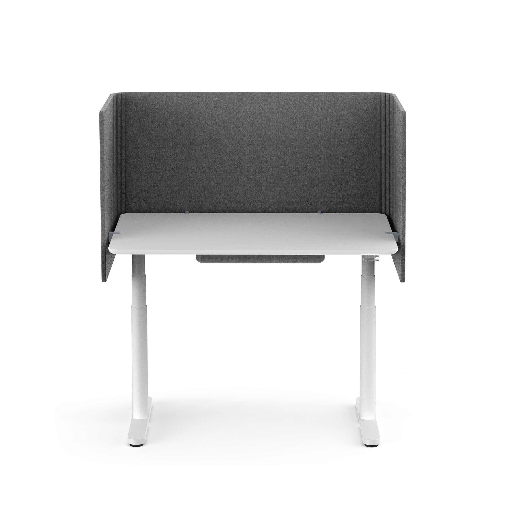 Modern adjustable standing desk with gray privacy panels on a white background. (Dark Gray-48")