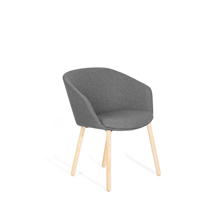 Modern gray upholstered chair with wooden legs on a white background. (Dark Gray)