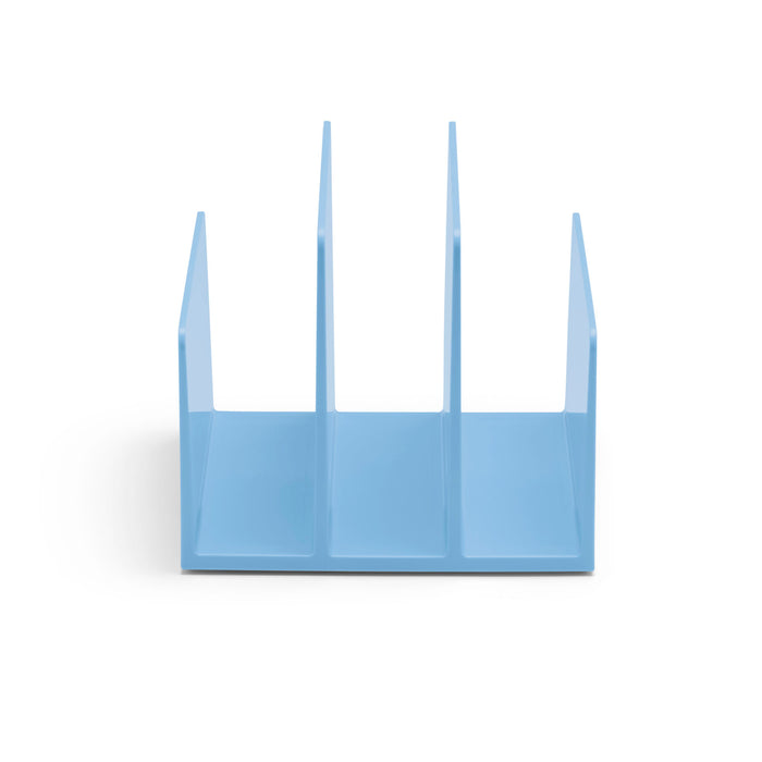 Blue plastic desk organizer with vertical partitions on white background. (Sky)