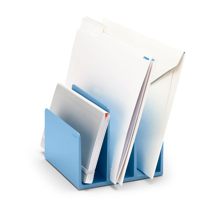 Desk organizer with blue file folders isolated on white background. (Sky)