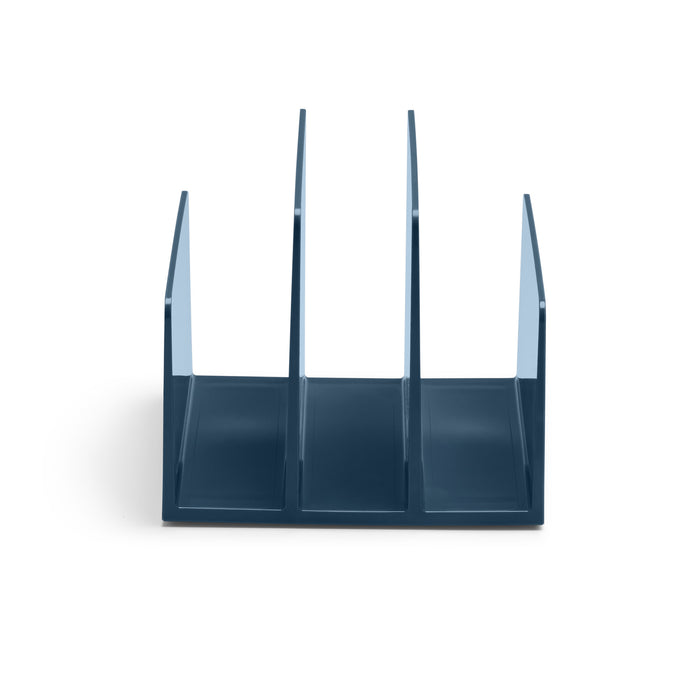 Blue plastic desk organizer with vertical dividers on white background. (Slate Blue)