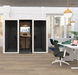 Modern office phone booth for 4 interior with private meeting pod, desks, and city view. (White)