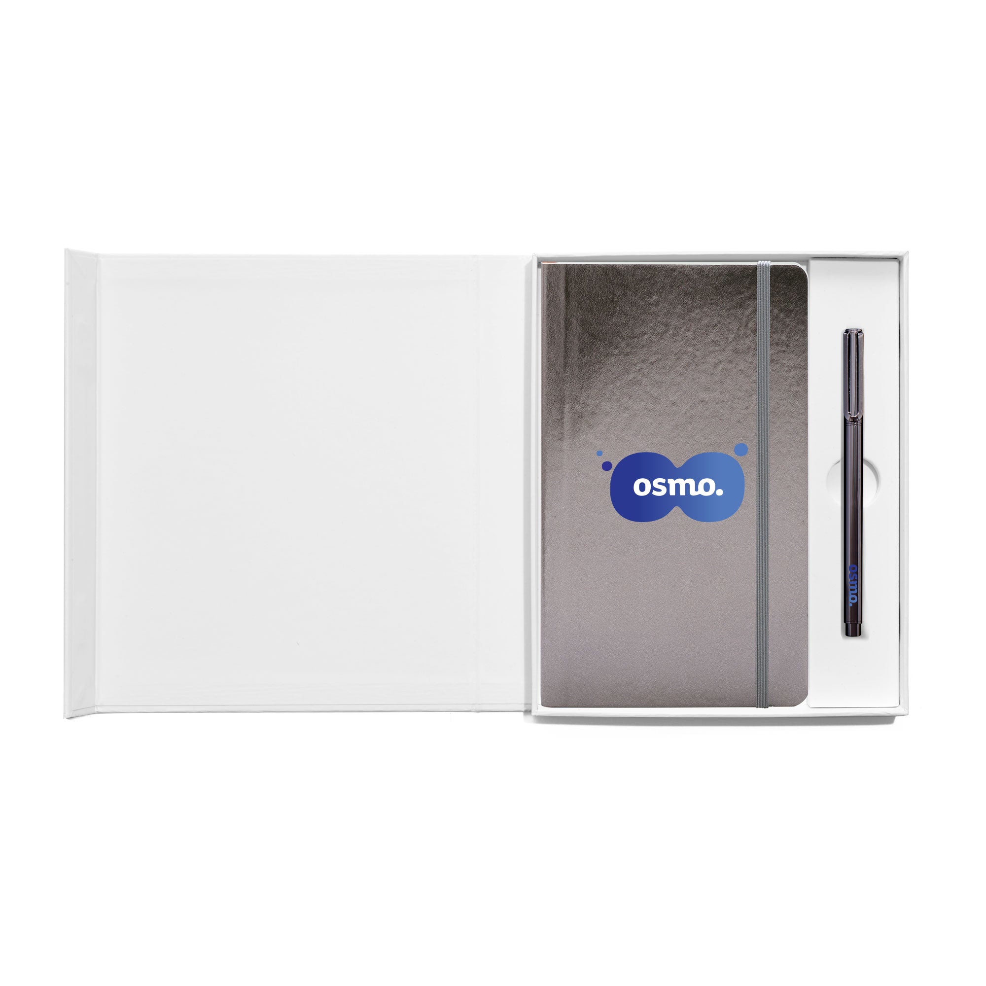 Osmo electronic device and stylus pen in an open white box on a white background. 
