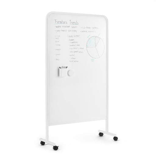 White mobile whiteboard with markers and eraser, featuring handwritten notes on furniture trends. (White)