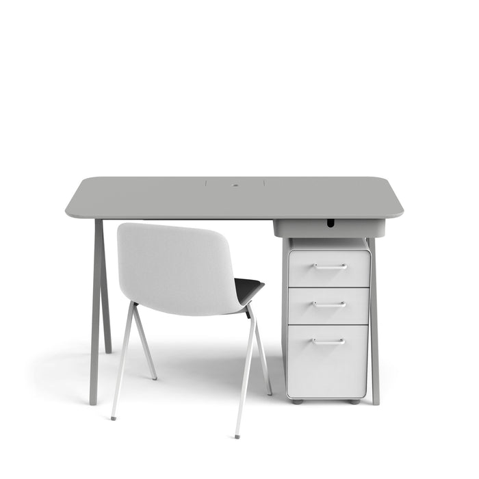 Modern office desk with gray chair and white drawers on a white background. (Light Gray)