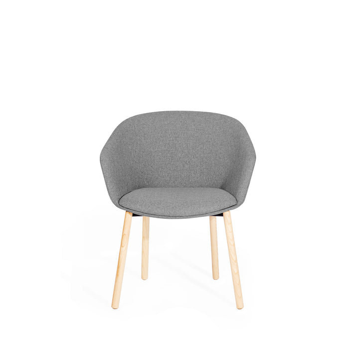 Modern grey fabric chair with wooden legs on a white background. (Gray)