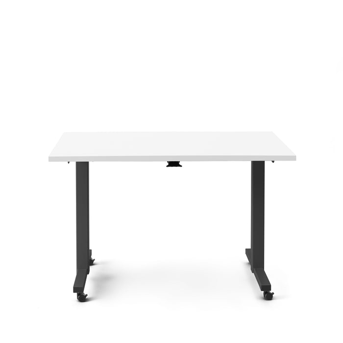 White modern standing desk with adjustable black legs on a white background. (White-47&quot;)