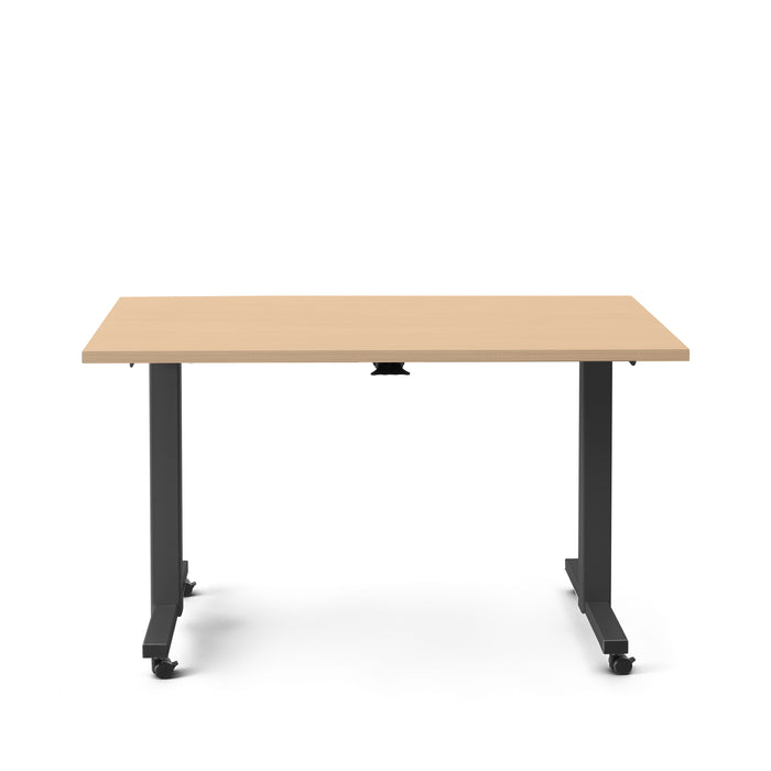 Modern adjustable standing desk with wooden top and black frame on white background. (Natural Oak-57&quot;)