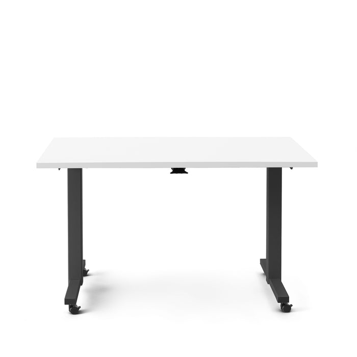 Modern white standing desk with adjustable black legs on white background. (White-57&quot;)