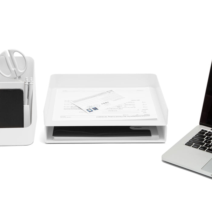 Compact home office with scanner, documents, and laptop on white background. (White)
