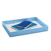 Blue desk organizer tray with notebooks and papers on white background. (Sky)