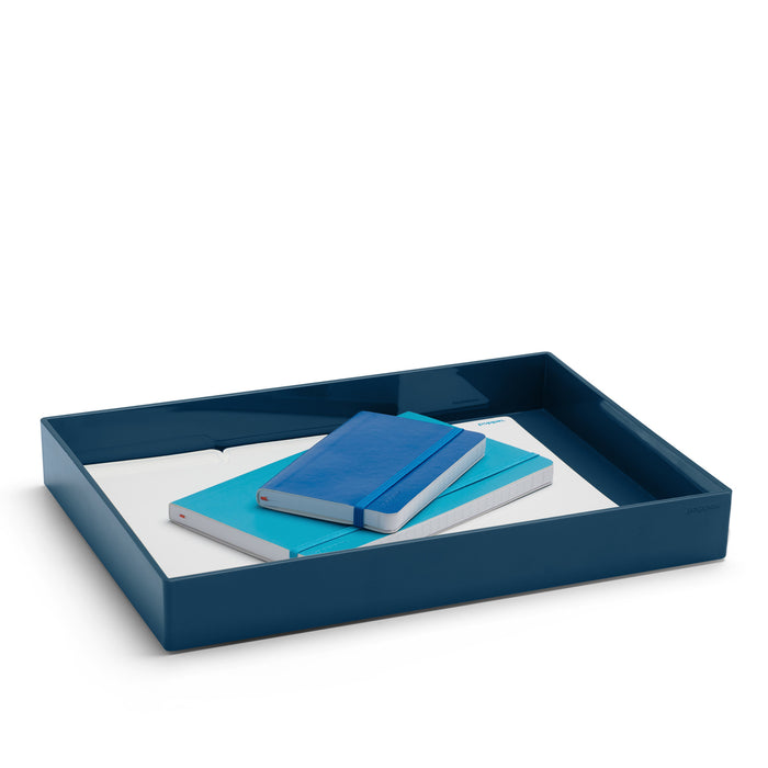 Blue desk organizer tray with notebooks and tablet on white background. (Slate Blue)