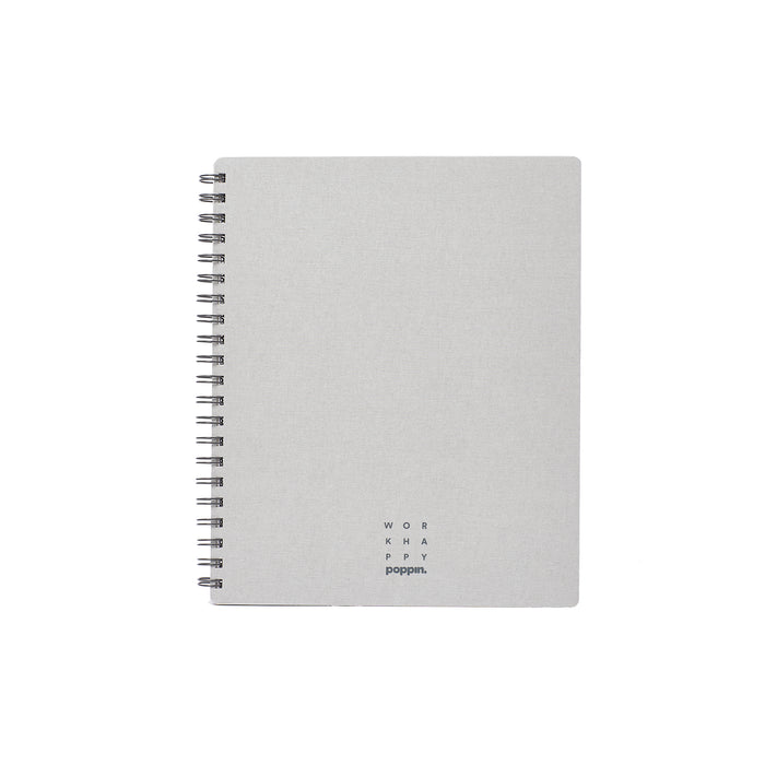 Gray spiral notebook with 'Work Happy' slogan isolated on white background. (Light Gray)