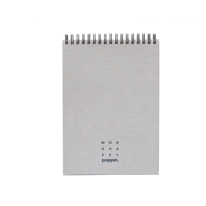 Gray spiral notepad with 'work happy' text on cover standing against a white background. (Light Gray)