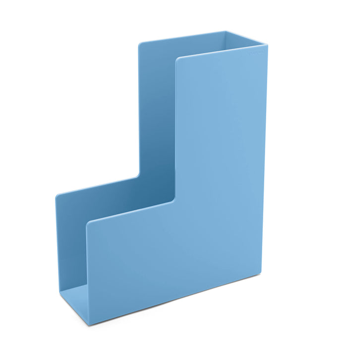Blue desktop file organizer on white background. (Sky)