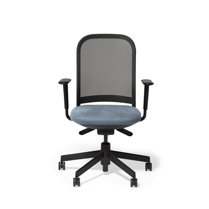 Ergonomic office chair with mesh back and adjustable armrests on white background (Dorset Sea-Black)