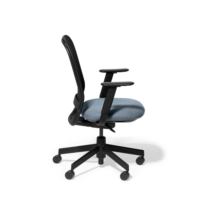 Ergonomic black office chair with blue upholstery on a white background. (Dorset Sea-Black)