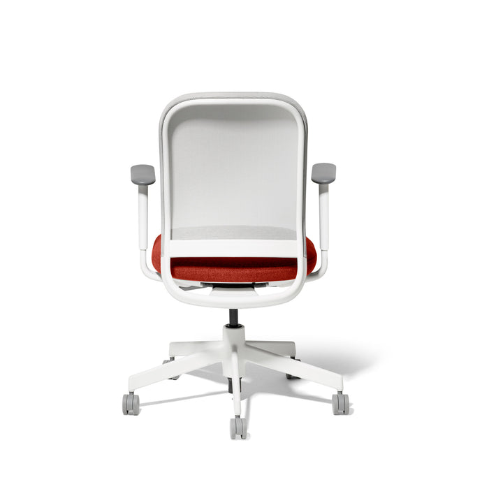Modern office chair with white frame and red cushion on white background. (Dorset Cayenne-White)