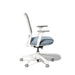 Ergonomic white office chair with blue upholstery on a white background. (Dorset Sea-White)
