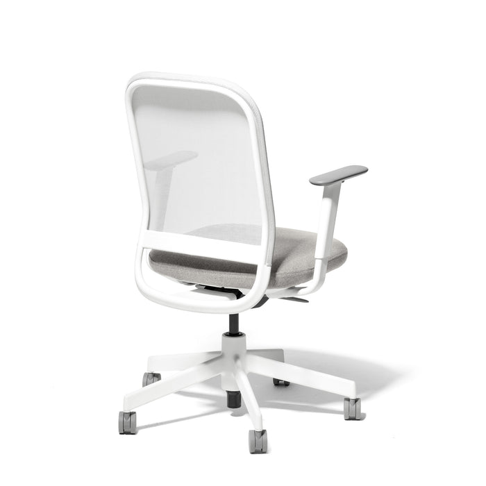 Modern ergonomic office chair with white frame and gray cushions on white background (Dorset Silver-White)