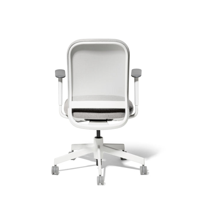 Modern ergonomic office chair with white frame and gray upholstery on a white background. (Dorset Silver-White)