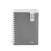 Gray spiral-bound notebook with calendar dates on cover standing against white background. (Dark Gray)