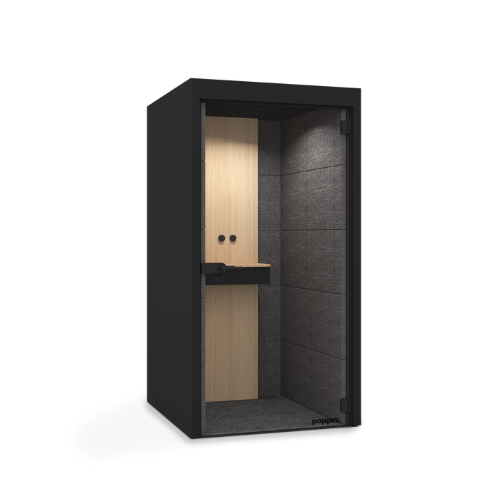 Modern office phone booth with black exterior and wooden accents. (Black)