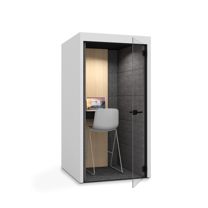 Office pod with sleek design featuring a desk, chair, and built-in lighting. (White)