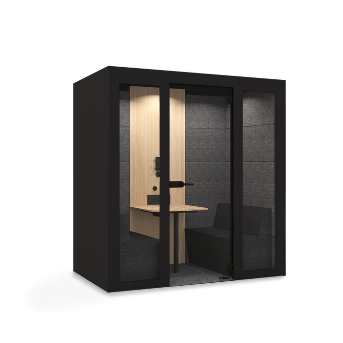 Modern black office pod with open door and interior seating (Black)
