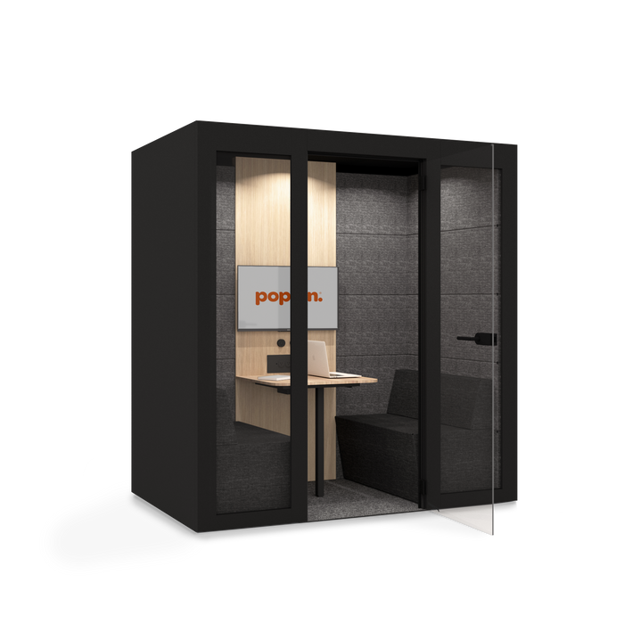 Modern black office pod with desk and chair for private workspaces. (Black)