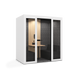 Modern office phone booth with wooden desk and black interior walls. (White)