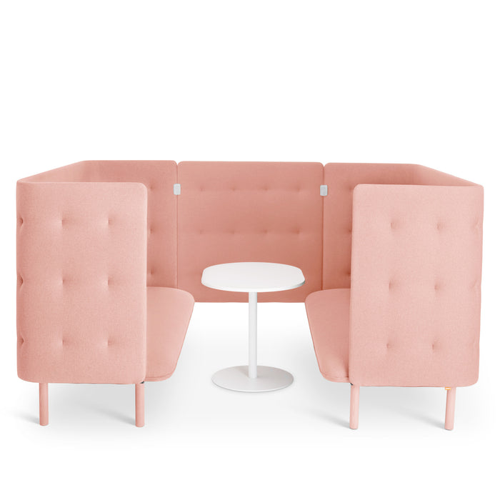 Pink upholstered booth seating with white round table isolated on white background. (Blush-Blush)
