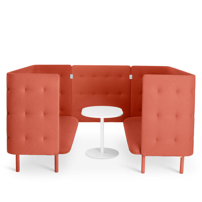 Modern red office booth seating with white round table on a white background. (Brick-Brick)