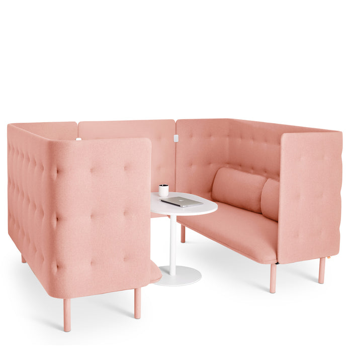 Pink upholstered booth seating with white round table and coffee cup on white background (Blush-Blush)