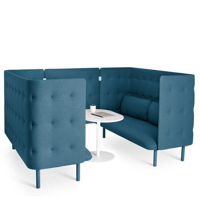 Blue booth-style sofas with white round table on white background. (Dark Blue-Dark Blue)