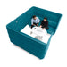 Two professionals discussing over a laptop in a high-walled blue office booth. (Teal-Teal)