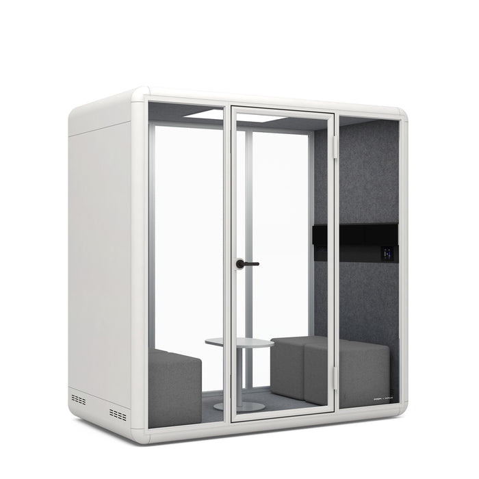 Modern office pod with glass doors and comfortable seating on white background. (Gray)