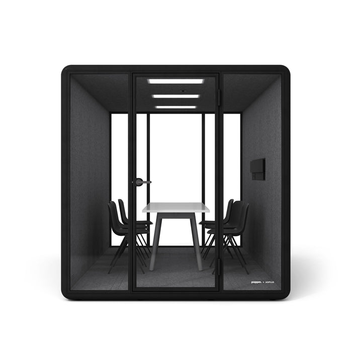 Modern black office pod with glass doors and meeting table inside. (Black)