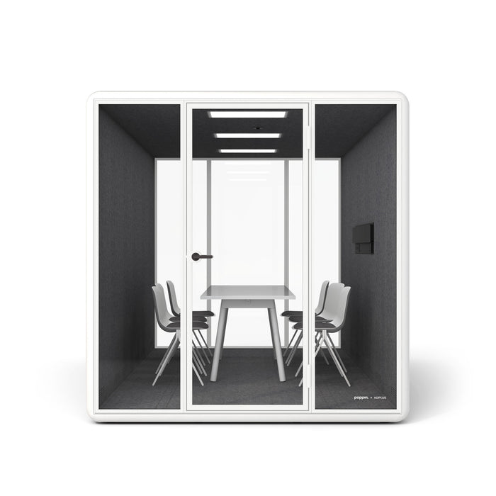 Modern office pod with white chairs and table, soundproof meeting space, isolated on white (White)