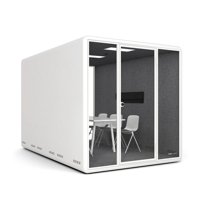 Modern office pod with table and chairs on white background. (White)