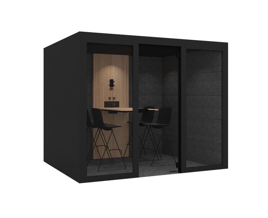 Modern office phone booth for 4 with black exterior, wood-accented interior, and two chairs in Black