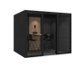 Modern office phone booth for 4 with black exterior, wood-accented interior, and two chairs in Black
