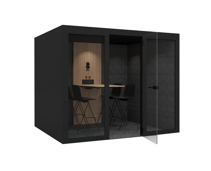 Modern black office phone booth for 4 with glass door and interior seating in black