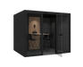 Modern black office phone booth for 4 with glass door and interior seating in black