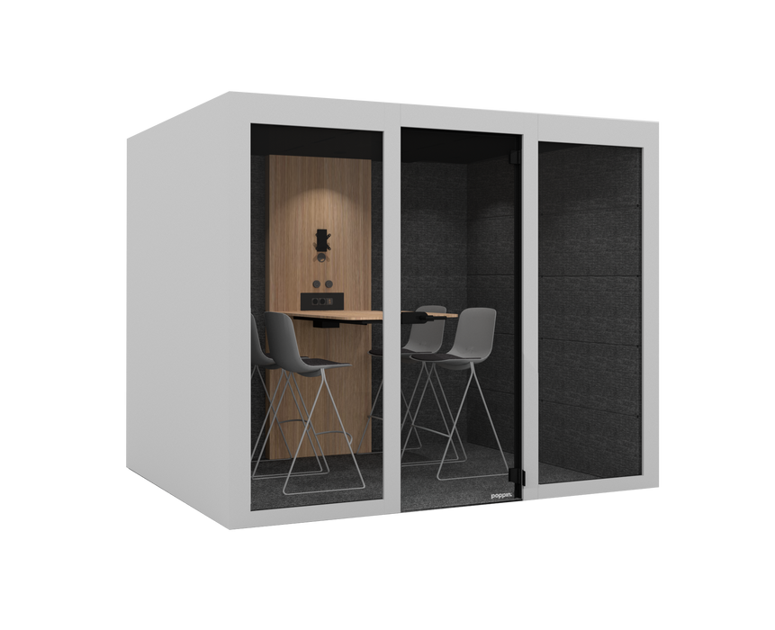 Modern office phone booth for 4 with acoustic walls, desk and chairs for privacy and productivity. (White)